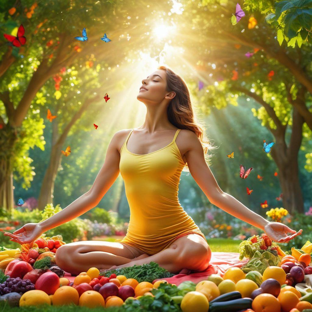 A radiant figure embodying holistic health, surrounded by colorful fruits and vegetables, stretching gracefully in a sunlit park. Soft, uplifting elements like flowers and butterflies enhance the scene, with a gentle aura of positivity, reflecting transformation and vibrancy. super-realistic. vibrant colors. natural setting.
